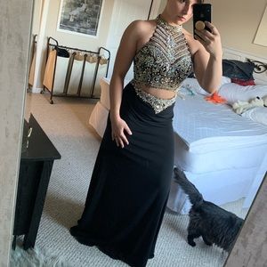 2 piece black and gold gown